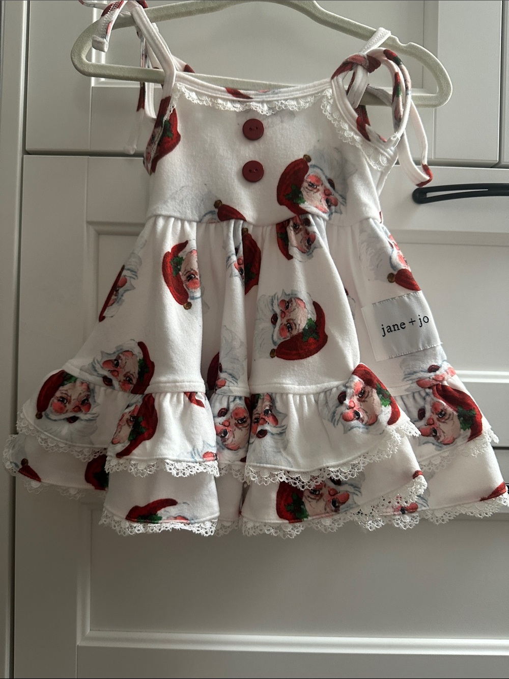 Jane +Jo White and Red Santa Print Holiday Dress for Baby